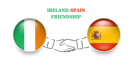 Ireland and Spain flags in circle with shake hand. Ireland And Spain friendship. Ireland And Spain flags, isolated on white background. Vector illustrator
