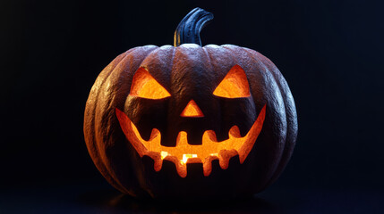 Fototapeta premium A carved pumpkin with a menacing grin shines brightly against a dark background, perfect for Halloween festivities