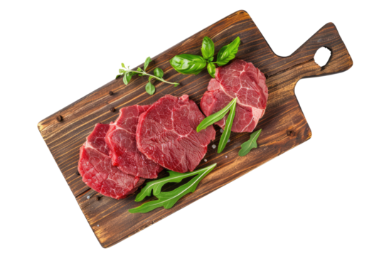 raw sliced meat on wooden cutting board isolated on white or transparent png