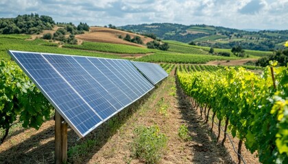 Solar Panels in a Vineyard with Rolling Hills