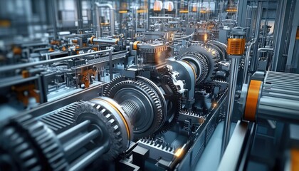 Naklejka premium High-tech industrial machinery with intricate gears in a modern factory setting. Perfect for engineering and manufacturing projects.