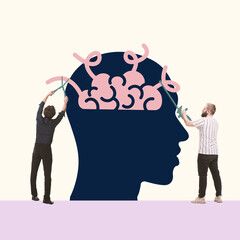 Two men cutting brain vines, representing process of decluttering the mind, eliminating harmful and...