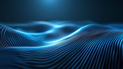 Naklejka premium Abstract blue waves with glowing lines create a serene and futuristic atmosphere, perfect for technology and background designs.