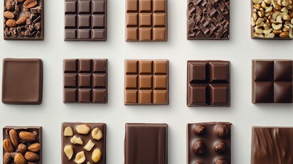 Obraz premium A variety of chocolate bars with different fillings, including almonds, hazelnuts, and chocolate chips.