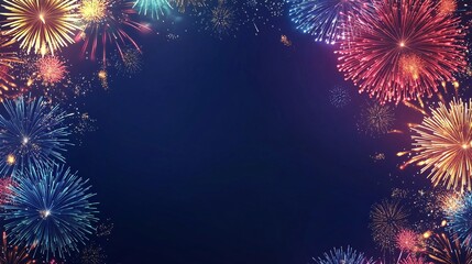 36. Abstract firework background with free space for text. Vibrant display of colorful fireworks bursting in various patterns against a dark sky. The composition allows ample space for text, creating