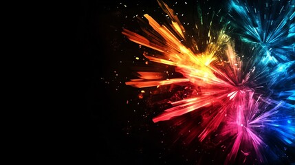37. Dynamic abstract background featuring an explosion of bright fireworks in multiple colors, set against a dark backdrop. Plenty of space for text, perfect for celebratory messages or event