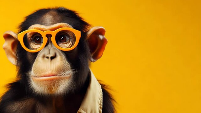 A monkey with glasses on a yellow background