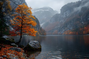 Autumn Tranquility: Serene Mountain Lake with Vibrant Fall Foliage - Ideal for Nature Scenes or Travel Posters