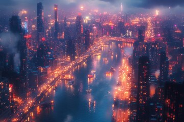 Fototapeta premium A stunning birds-eye view of a vibrant cityscape at twilight