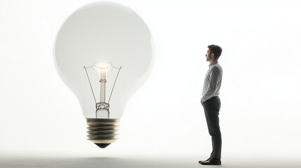 A businessman standing beside a giant light bulb, representing innovative business ideas, isolated on a white background