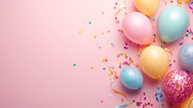 48. Playful and festive birthday background with a variety of colored balloons, shimmering confetti, candles, and ribbons on a pastel pink surface. Ample copy space for personalized messages or event