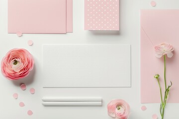 Highly detailed stationery set, white paper with grain, solid pink, top view.