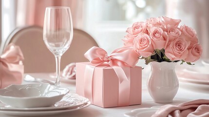 52. Delicate pastel pink table setting featuring a beautifully wrapped gift box, a vase of vibrant pink roses, and a luxurious satin bow. Perfect for celebrating birthdays, weddings, Mothers Day,
