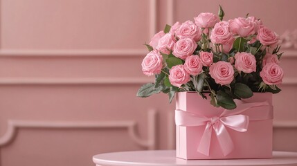 Fototapeta premium 55. Beautiful front view of a pastel pink table featuring a gift box, a vase of pink roses, and a satin bow. The arrangement exudes elegance and is suitable for birthdays, weddings, Mothers Day,