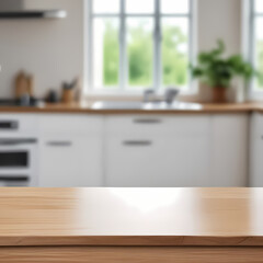 kitchen table background, wood counter top on blur of white clean abstract home interior with bokeh. used for display or montage your wooden for dining background. table banner