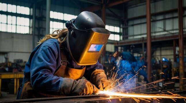 Female welder working in heavy industry factory