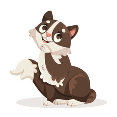 Cute, happy cartoon cat with brown and white fur sitting and raising paw, on a white background. Illustration. Vector illustration