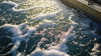 63. Close-up view of aeration tanks at a wastewater treatment facility, showing bubbling water and sunlight reflections, illustrating the purification process in detail