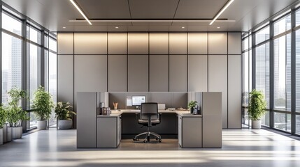 Fototapeta premium Modern Office Interior with a Desk, Computer, and City View