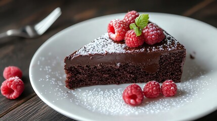 A delicious slice of chocolate cake with raspberries and powdered sugar on top. The cake is sitting on a white plate and looks very tempting.