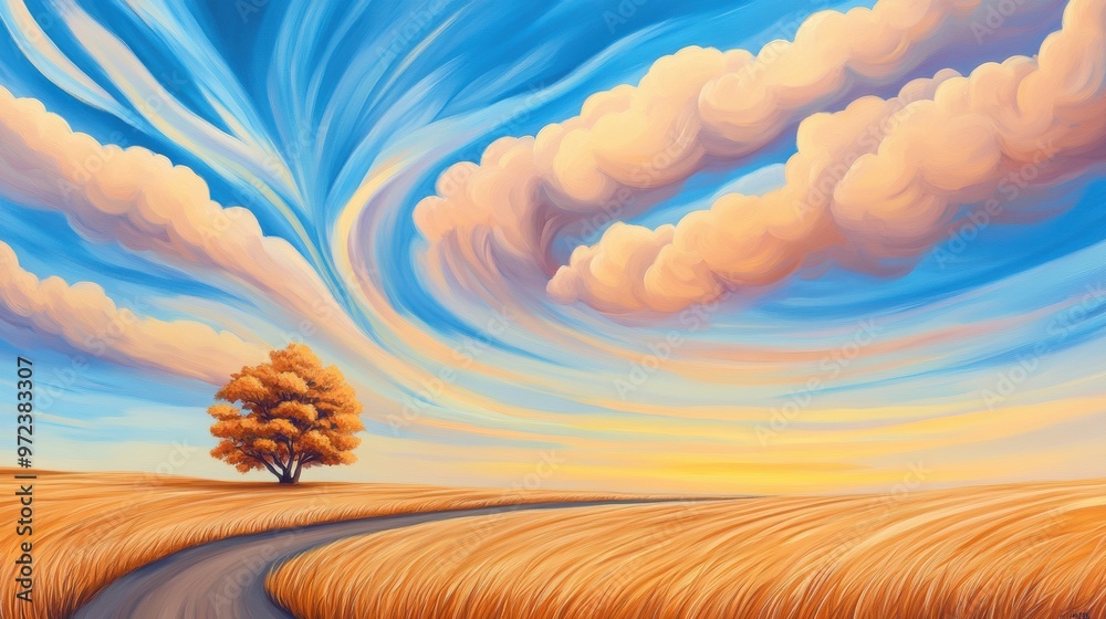 Wall mural a painting of a road leading to the sky with clouds, ai