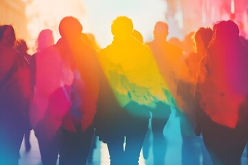 A group of people walking down a street with a rainbow in the background