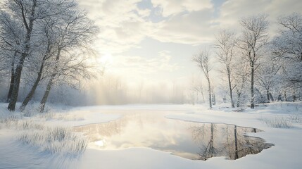 A serene winter landscape with snow-covered trees and a frozen lake. The sun shines through the clouds, casting a warm glow on the scene.