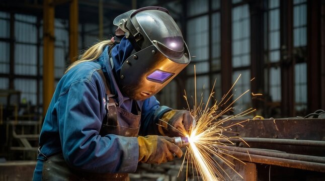 Female welder working in heavy industry factory