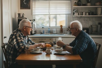 Two men are sitting at a table in a kitchen, eating and drinking