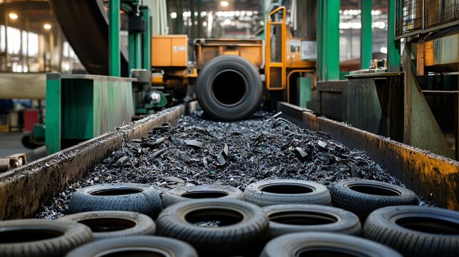 72. Detailed view of a tire recycling plant in action, with machines shredding and transforming old tires into new materials. The industrial setting highlights the recycling process