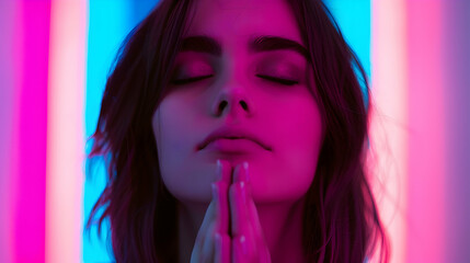 Fototapeta premium Woman Praying And Contemplating. Peace Mind