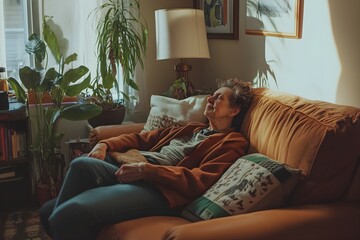Obraz premium A woman is laying on a couch with a book in her lap