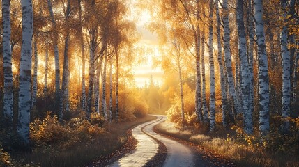 Obraz premium The road is lined with birch trees, the sunset's glow illuminates the autumn leaves on the ground