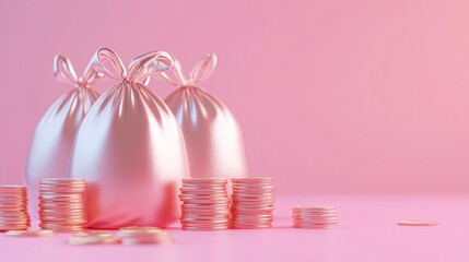 79. Realistic 3D render of money bags and coin stacks on a pink backdrop, symbolizing business growth, investment, and financial stability. The scene is dynamic and visually engaging