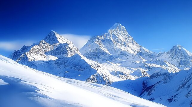 A breathtaking view of snow-capped mountains rising towards a clear blue sky.