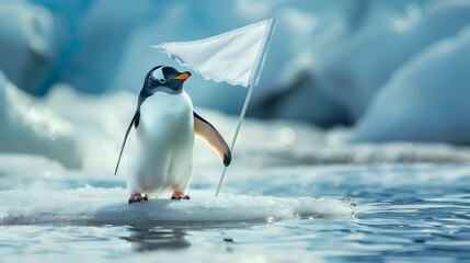 Fototapeta premium Penguin Holding White Flag: A cute penguin standing on ice, holding a small white flag. 