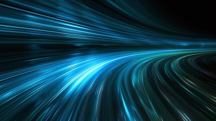 Fototapeta premium Abstract light trails in vibrant blue tones creating a sense of speed and motion against a dark background.