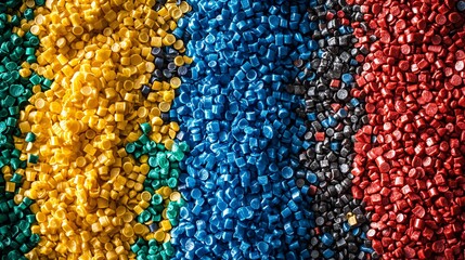 83. Vibrant collection of colorful plastic pellets, representing an environmental initiative focused on recycling and sustainable manufacturing. The background includes subtle imagery of recycling