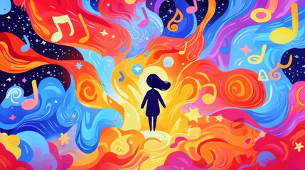 Obraz premium Cartoon Character Exploring Dreamlike World with Musical Notes and Stars