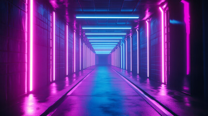 Fototapeta premium Vibrant neon lights illuminate a mystical corridor in a dark, serene landscape during nighttime