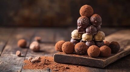 A delicious assortment of chocolate truffles arranged in a pyramid shape on a rustic wooden board.
