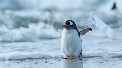 Obraz premium Penguin Holding White Flag: A cute penguin standing on ice, holding a small white flag. 