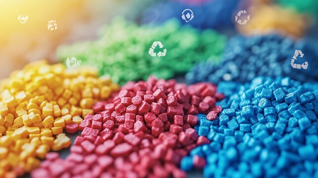 84. Close-up of colorful plastic pellets arranged in a visually appealing manner, promoting an initiative for recycling and sustainable manufacturing. The background is adorned with eco-friendly