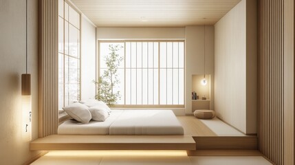 Obraz premium Elegant small Japanese bedroom design with a window seat and pristine white walls.