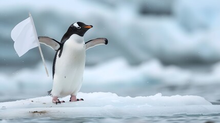 Fototapeta premium Penguin Holding White Flag: A cute penguin standing on ice, holding a small white flag. 