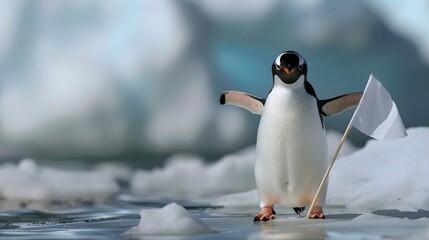 Fototapeta premium Penguin Holding White Flag: A cute penguin standing on ice, holding a small white flag. 