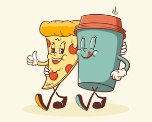 Groovy Pizza and Coffee Retro Characters Label. Cartoon Slice and Beverage Paper Cup Walking Smiling Vector Food Mascot Template. Happy Vintage Cool Fast Food Illustration with Typography Isolated