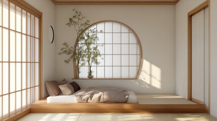 Elegant small Japanese bedroom with a window seat, minimalist design, and white