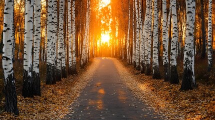 The road is lined with birch trees, the sunset's glow illuminates the autumn leaves on the ground