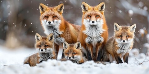Fototapeta premium Close-up of a red fox, showcasing a cheerful and charming portrait of the fox family.